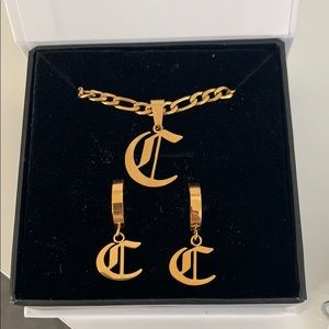 Gold Old English Huggie hoop + Initial necklace/earring “C”
